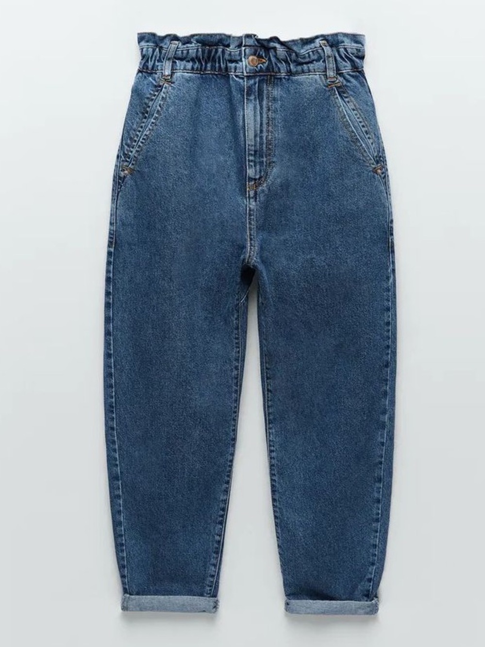Zara Dark Blue High-Rise Paperbag Waist Jeans